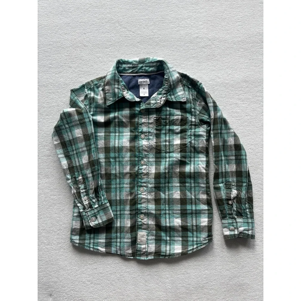 Carter's Button Down Shirt Kids Boys Size 6 Teal Green Plaid Long Sleeve 283G051